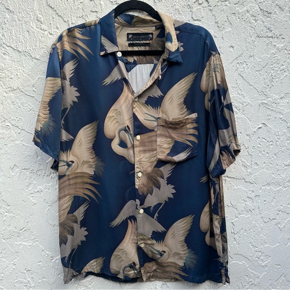 ALLSAINTS Shirt Men Medium Wader Bird Japanese Short Sleeve Button Down - Picture 1 of 8
